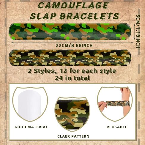 Hungdao 24 Pcs Camo Slap Bracelets for Kids Assorted Army Slap Bracelets Green Camouflage Military Wristbands for Kids Adult Army Party Birthday Favors Decorations Supplies in Kuwait