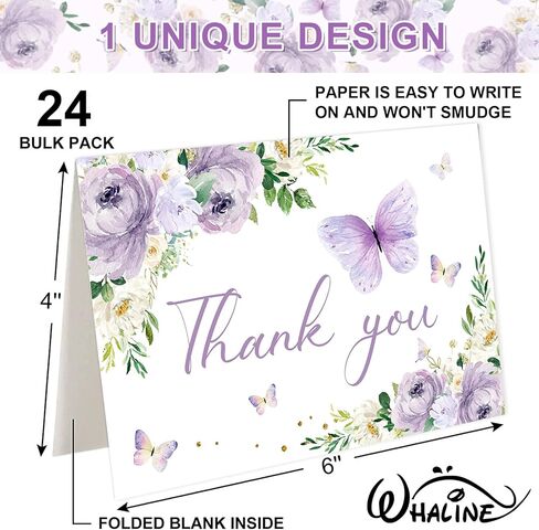 Whaline 24Pcs Floral Butterfly Thank You Cards Purple Flower Greeting Cards with Envelope Stickers Spring Watercolor Blank Note Cards for Birthday Wedding Baby Shower Bridal Shower, 4 x 6 Inch in Saudi Arabia