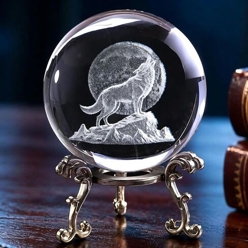 2.36in 3D Laser Crystal Howling Wolf Figurine Crystal Ball Paperweight with Stand Base - 3D Engraving Crystal Wolf Gift Home Decor in Saudi Arabia