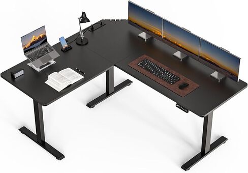 63 x 55 inch L-Shaped Standing Desk, Corner Computer Desk, Electric Standing Desk Adjustable Height, Sit to Stand Ergonomic Workstation for Home Office, Dark Walnut in Saudi Arabia