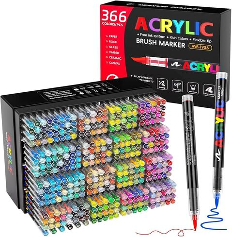 366 Colors Acrylic Paint Markers with Automatic Ink Control System, Quick Dry No Bleed High Opacity Water-Based Brush Tip for Rock Wood Canvas Glass Ceramic DIY Art Crafts in Saudi Arabia