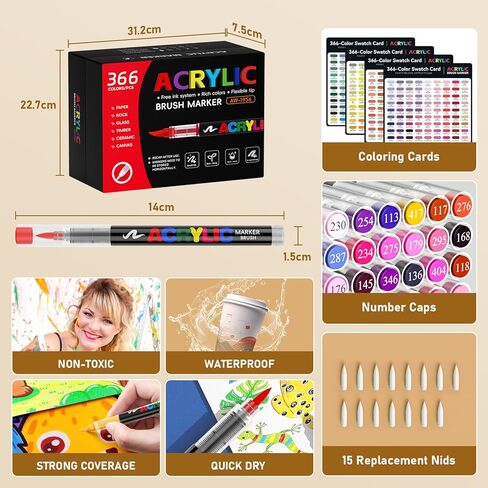 366 Colors Acrylic Paint Markers with Automatic Ink Control System, Quick Dry No Bleed High Opacity Water-Based Brush Tip for Rock Wood Canvas Glass Ceramic DIY Art Crafts in Saudi Arabia