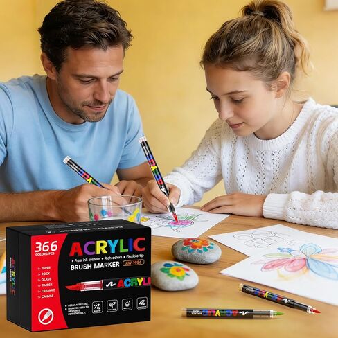 366 Colors Acrylic Paint Markers with Automatic Ink Control System, Quick Dry No Bleed High Opacity Water-Based Brush Tip for Rock Wood Canvas Glass Ceramic DIY Art Crafts in Saudi Arabia