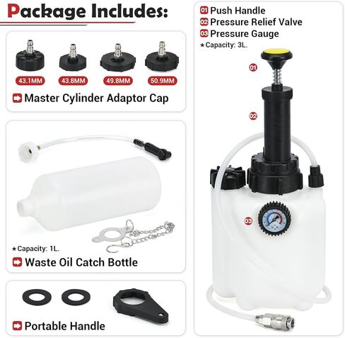 Upgrade 3L Manual Brake Bleeder Kit with 1L Brake Bleed Bottle and 1 Universal Master Cylinder Adapters,Professional Brake Bleeder Fluid Pump Kit Suitable for Most Brake Mast Cylinder Reservoirs in Saudi Arabia