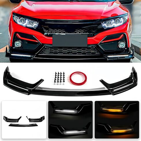 الشفة الأمامية مع الضوء متوافقة مع Honda Civic 2017-2021، 3 قطع من المصد الأمامي الأسود اللامع لسد الذقن المفسد، مناسب لسيارة السيدان هاتشباك Si، طقم هيكل تعديل ABS رياضي in Kuwait