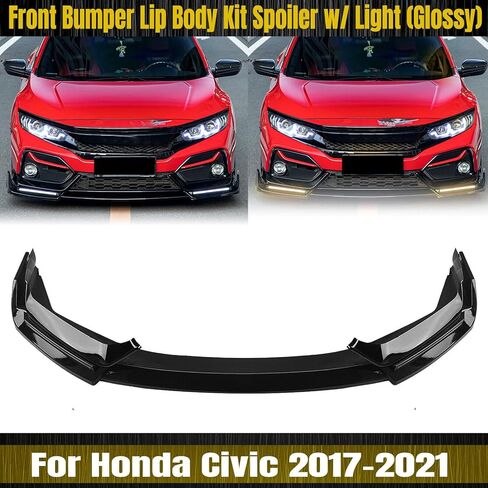 الشفة الأمامية مع الضوء متوافقة مع Honda Civic 2017-2021، 3 قطع من المصد الأمامي الأسود اللامع لسد الذقن المفسد، مناسب لسيارة السيدان هاتشباك Si، طقم هيكل تعديل ABS رياضي in Kuwait