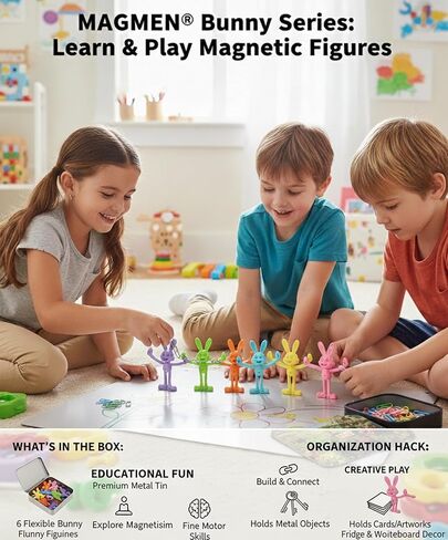 MAGMEN Quiet Travel Toy for Airplane & Car -6-Pack Magnetic Bunny - Sensory Action Figures Fidget Toy for Waiting Rooms & Doctors Offices - STEM Road Trip Toy in Collectible Tin in Saudi Arabia