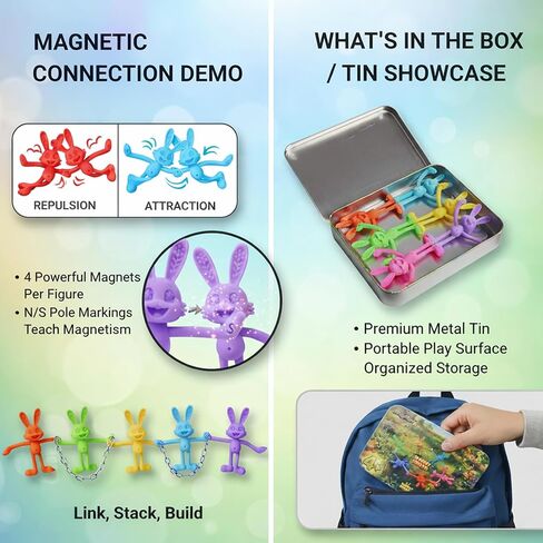 MAGMEN Quiet Travel Toy for Airplane & Car -6-Pack Magnetic Bunny - Sensory Action Figures Fidget Toy for Waiting Rooms & Doctors Offices - STEM Road Trip Toy in Collectible Tin in Saudi Arabia