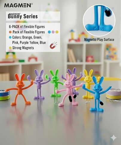 MAGMEN Quiet Travel Toy for Airplane & Car -6-Pack Magnetic Bunny - Sensory Action Figures Fidget Toy for Waiting Rooms & Doctors Offices - STEM Road Trip Toy in Collectible Tin in Saudi Arabia