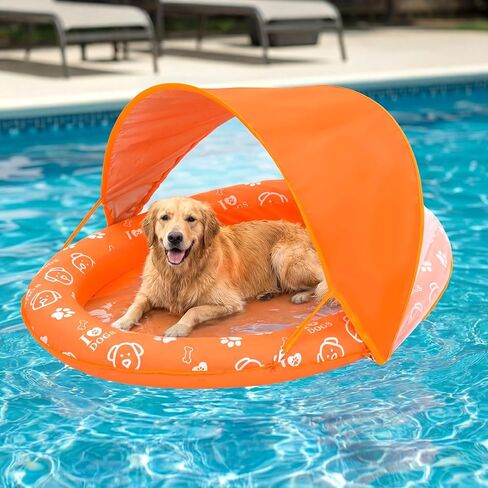 Gerrii Inflatable Dog Pool Float with Canopy - 59''x39'' Dog Swimming Pool Water Raft for Lake Pet Swimming Float Lounger Tear Resistant Oxford Adjustable Sun Shade for Small Medium Large Pets Outdoor in Saudi Arabia