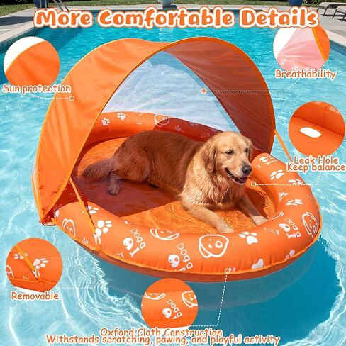 Gerrii Inflatable Dog Pool Float with Canopy - 59''x39'' Dog Swimming Pool Water Raft for Lake Pet Swimming Float Lounger Tear Resistant Oxford Adjustable Sun Shade for Small Medium Large Pets Outdoor in Saudi Arabia