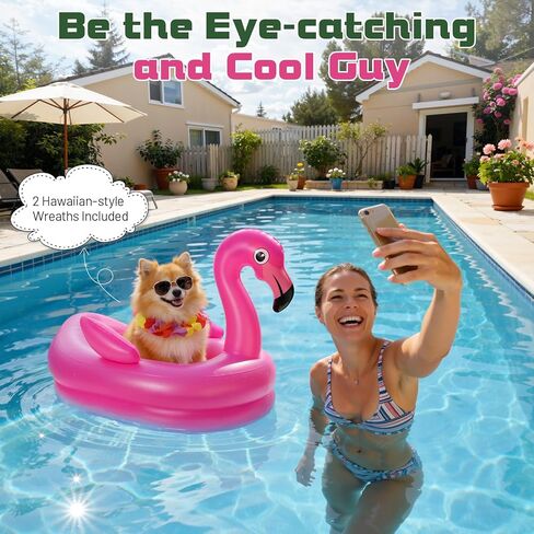 Dog Pool Float, Inflatable Dog Raft, Flamingo Pool Floats for Puppy and Doggies, Flamingo Inflatable Raft with 2 Wreaths for Summer Swimming Beach Lake River Water Party Toys, Magenta in Saudi Arabia