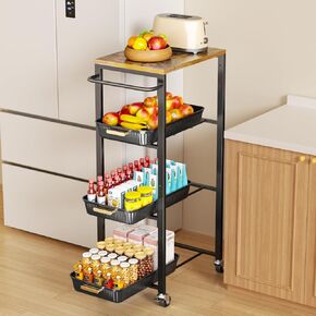 Vivihomety 5-Tier Rolling Utility Cart with Wheels, Kitchen Storage Cart with Wooden Top & Pull-Out Mesh Baskets, Large Capacity Organizer for Kitchen, Bathroom, Laundry Room Black in Saudi Arabia