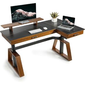 EUREKA ERGONOMIC مكتب قائم كهربائي مع أدراج مزدوجة، مكتب تنفيذي مقاس 63 بوصة، مكتب مكتب على شكل حرف L قابل للتعديل الارتفاع، محطات عمل كمبيوتر مع حامل شاشة، يمين/أسود in Kuwait