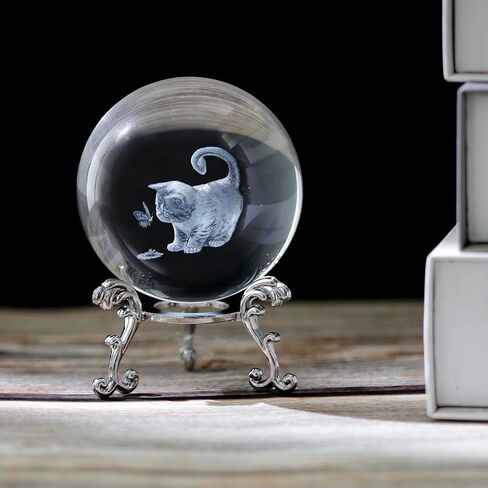 Cat Lover Gifts - 3D Cute Fat Cat Figurines in Crystal Ball Paperweight with Stand - 3D Laser Engraved Crystal Cats and Butterfly - Decorative Kitten Collectibles Kitty Snow Globes Gift - 2.36in in Saudi Arabia