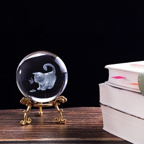 Cat Lover Gifts - 3D Cute Fat Cat Figurines in Crystal Ball Paperweight with Stand - 3D Laser Engraved Crystal Cats and Butterfly - Decorative Kitten Collectibles Kitty Snow Globes Gift - 2.36in in Saudi Arabia