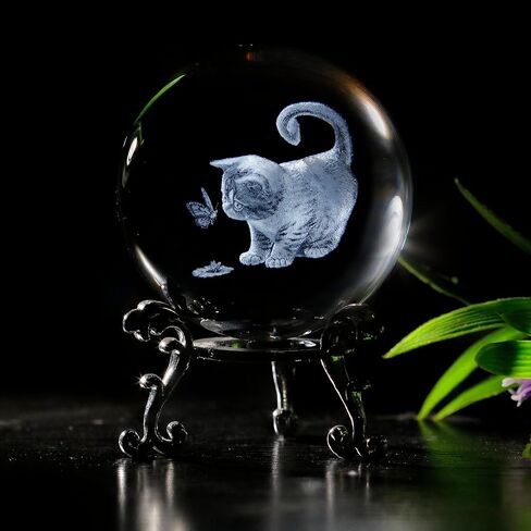 Cat Lover Gifts - 3D Cute Fat Cat Figurines in Crystal Ball Paperweight with Stand - 3D Laser Engraved Crystal Cats and Butterfly - Decorative Kitten Collectibles Kitty Snow Globes Gift - 2.36in in Saudi Arabia