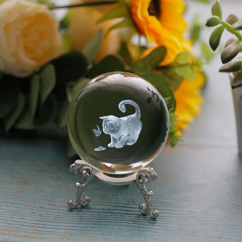 Cat Lover Gifts - 3D Cute Fat Cat Figurines in Crystal Ball Paperweight with Stand - 3D Laser Engraved Crystal Cats and Butterfly - Decorative Kitten Collectibles Kitty Snow Globes Gift - 2.36in in Saudi Arabia
