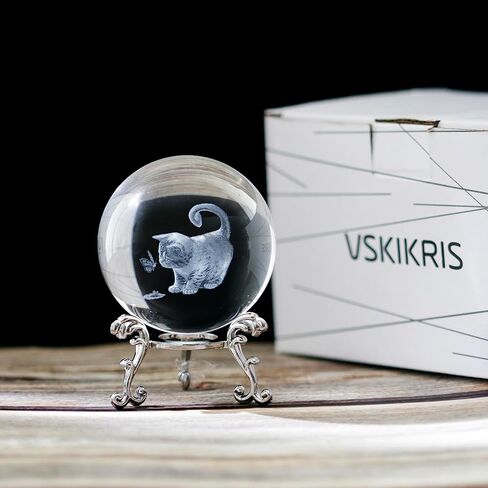 Cat Lover Gifts - 3D Cute Fat Cat Figurines in Crystal Ball Paperweight with Stand - 3D Laser Engraved Crystal Cats and Butterfly - Decorative Kitten Collectibles Kitty Snow Globes Gift - 2.36in in Saudi Arabia