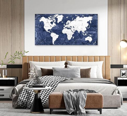 Cao Gen Decor Art WK10175 لوحة فنية جدارية عتيقة لخريطة العالم، طباعة قماشية باللونين الأزرق الداكن والأبيض، عمل فني مخطط بحري قديم لغرفة المعيشة، المكتب، صور كبيرة مؤطرة in Kuwait