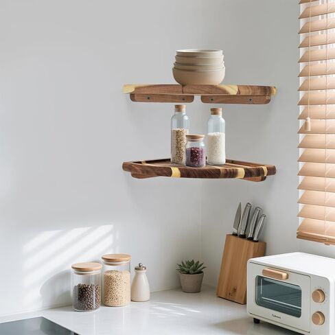 Floating Corner Shelve, 10 Inch Acacia Wood Corner Shelf Set of 2, Corner Shelf Wall Mounted for Living Room, Bedroom, Bathroom, Office, Kitchen (Acacia Wood) in Saudi Arabia