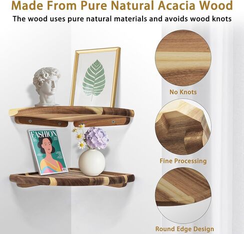 Floating Corner Shelve, 10 Inch Acacia Wood Corner Shelf Set of 2, Corner Shelf Wall Mounted for Living Room, Bedroom, Bathroom, Office, Kitchen (Acacia Wood) in Saudi Arabia