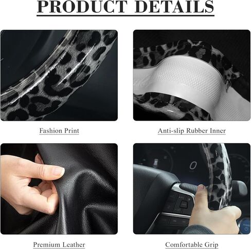 KAFEEK Black Leopard Cheetah Steering Wheel Cover, Universal 15 Inch, Anti-Slip PU Leather Car Steering Wheel Protector for Men Women, Fit for Cars, Auto, SUVs in Kuwait