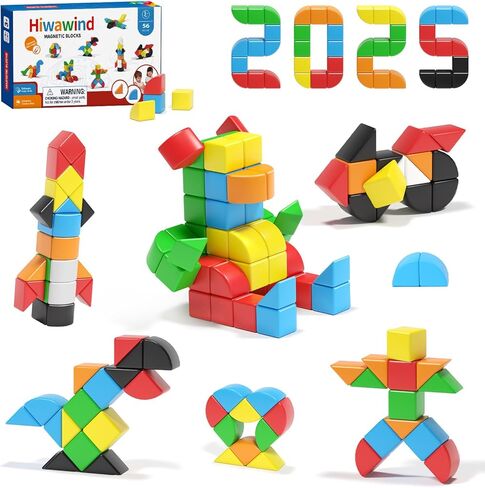 Hiwawind 56 PCS Magnetic Blocks, 1-Inch Isosceles Triangles & Quarter Circles, Montessori STEM Sensory Toys for Kids Ages 3-6, Christmas & Birthday Gift for Boys Girls in Saudi Arabia
