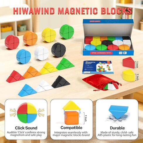 Hiwawind 56 PCS Magnetic Blocks, 1-Inch Isosceles Triangles & Quarter Circles, Montessori STEM Sensory Toys for Kids Ages 3-6, Christmas & Birthday Gift for Boys Girls in Saudi Arabia
