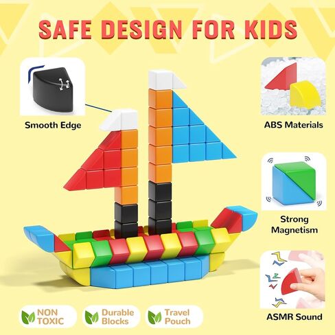 Hiwawind 56 PCS Magnetic Blocks, 1-Inch Isosceles Triangles & Quarter Circles, Montessori STEM Sensory Toys for Kids Ages 3-6, Christmas & Birthday Gift for Boys Girls in Saudi Arabia