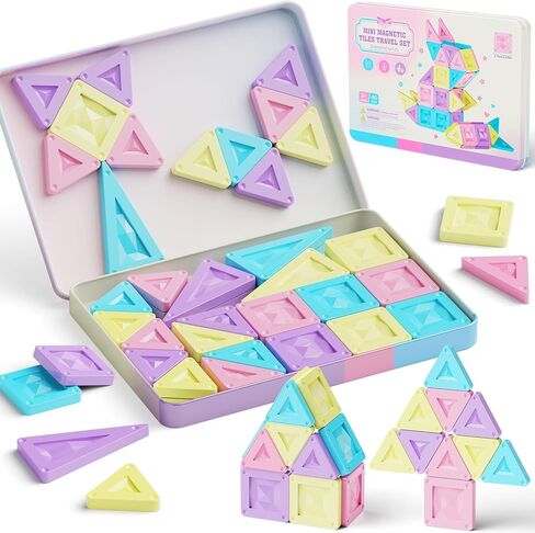 burgkidz Travel Magnetic Tiles for Girls : 40 PCS Macaron Mini Magnet Blocks with Pink Tin Box - 120 Mins Quiet Play for Airplane Car Essentials, Present for Girls Ages 3-8 Year Old in Saudi Arabia