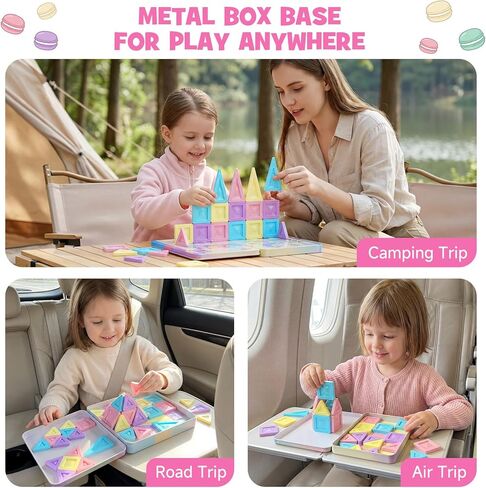 burgkidz Travel Magnetic Tiles for Girls : 40 PCS Macaron Mini Magnet Blocks with Pink Tin Box - 120 Mins Quiet Play for Airplane Car Essentials, Present for Girls Ages 3-8 Year Old in Saudi Arabia