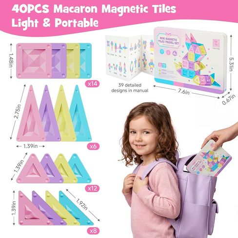 burgkidz Travel Magnetic Tiles for Girls : 40 PCS Macaron Mini Magnet Blocks with Pink Tin Box - 120 Mins Quiet Play for Airplane Car Essentials, Present for Girls Ages 3-8 Year Old in Saudi Arabia