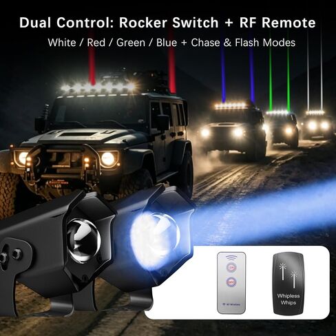 أضواء سوط LED بدون سوط لـ UTV ATV، IP68 مصابيح سوط ليزر RGBW مقاومة للماء مع ضوء مطاردة عن بعد RF، إشارة الفرامل/الانعطاف، قاعدة زنبركية، مناسبة لشاحنة Polaris RZR Can-Am Maverick X3 CF Moto Kawasaki SXS in Kuwait