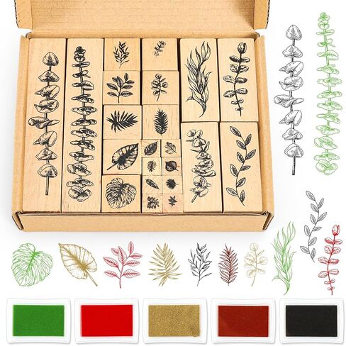 AnyDesign 27 Pcs Plant Wooden Rubber Stamps with Craft Ink Pads Eucalyptus Leaves Botanical DIY Craft Stamps for Party Decor Scrapbooking Cards Making in Kuwait