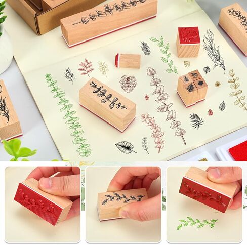 AnyDesign 27 Pcs Plant Wooden Rubber Stamps with Craft Ink Pads Eucalyptus Leaves Botanical DIY Craft Stamps for Party Decor Scrapbooking Cards Making in Kuwait