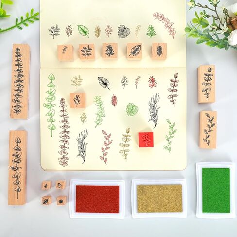 AnyDesign 27 Pcs Plant Wooden Rubber Stamps with Craft Ink Pads Eucalyptus Leaves Botanical DIY Craft Stamps for Party Decor Scrapbooking Cards Making in Kuwait