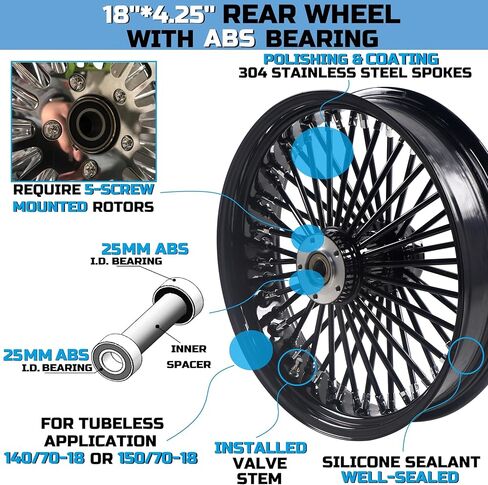 عجلة خلفية FatFlex مقاس 18 بوصة باللون الأسود مع حافة عريضة 4.25 بوصة لـ 08-up ABS Harley Dyna/Softail/Sportster، للتجول فقط موديلات ABS لعام 2008-18425R-25SM-BBB in Kuwait
