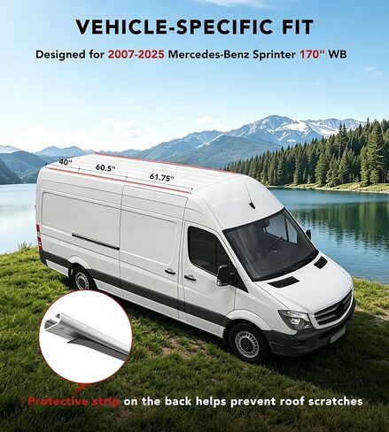 سياج جانبي لرف السقف من الألومنيوم مناسب لشاحنة Sprinter ذات السقف العالي 2007-2025 مقاس 170 بوصة WB، رفوف المسار مع أختام مطاطية in Kuwait