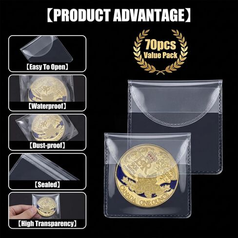 70 Pcs Single Pocket Coin Sleeves, Individual Sleeves Single Pocket Holders Flips Clear Coins Protectors Plastic Holders Flips Coins Storage Pouches for Coin Currency Bills Collectors 2.2 x 2.2 in Saudi Arabia