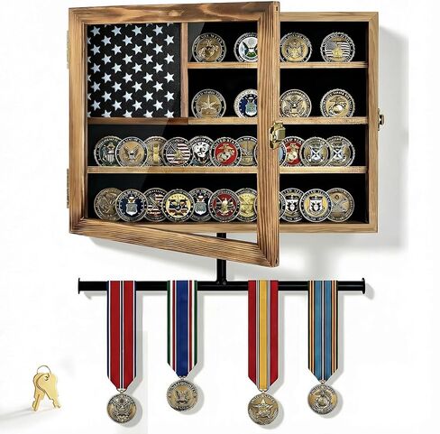 Military Challenge Coin Display Case 15*12 in, Lockable Coin Holder with Removable Star Board, Anti-Dust UHD Acrylic Door, Detachable Hanging Rod, 2 Groove Shelves and Wall Mount Coins Collection in Saudi Arabia