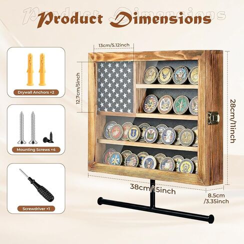 Military Challenge Coin Display Case 15*12 in, Lockable Coin Holder with Removable Star Board, Anti-Dust UHD Acrylic Door, Detachable Hanging Rod, 2 Groove Shelves and Wall Mount Coins Collection in Saudi Arabia