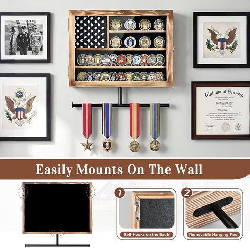 Military Challenge Coin Display Case 15*12 in, Lockable Coin Holder with Removable Star Board, Anti-Dust UHD Acrylic Door, Detachable Hanging Rod, 2 Groove Shelves and Wall Mount Coins Collection in Saudi Arabia