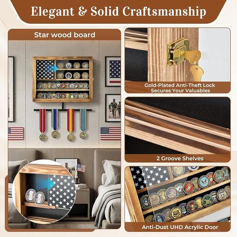 Military Challenge Coin Display Case 15*12 in, Lockable Coin Holder with Removable Star Board, Anti-Dust UHD Acrylic Door, Detachable Hanging Rod, 2 Groove Shelves and Wall Mount Coins Collection in Saudi Arabia