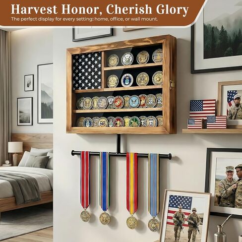 Military Challenge Coin Display Case 15*12 in, Lockable Coin Holder with Removable Star Board, Anti-Dust UHD Acrylic Door, Detachable Hanging Rod, 2 Groove Shelves and Wall Mount Coins Collection in Saudi Arabia