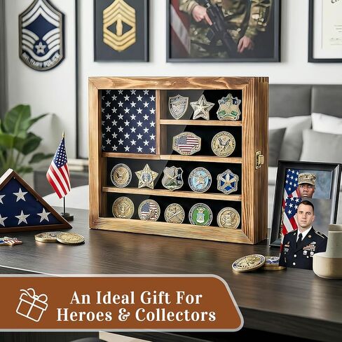 Military Challenge Coin Display Case 15*12 in, Lockable Coin Holder with Removable Star Board, Anti-Dust UHD Acrylic Door, Detachable Hanging Rod, 2 Groove Shelves and Wall Mount Coins Collection in Saudi Arabia