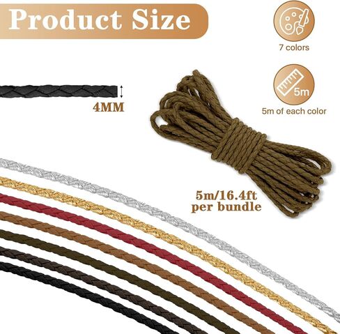 38.3 Yard Braided Leather Cord, 4mm Round Braided PU Leather Strap Bolo Tie Cording, 7 Color Antique Braiding Leather Strips Rope Lace for DIY Crafts Jewelry Bracelet Necklace Beading String in Saudi Arabia