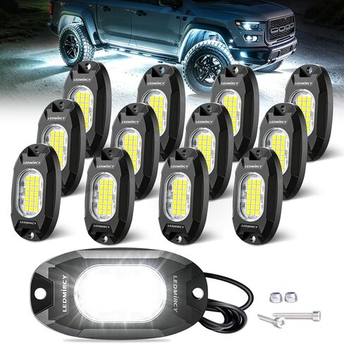 أضواء الصخور البيضاء، LEDMIRCY R6 أضواء الصخور LED البيضاء النقية 12 قطعة للشاحنات UTV الطرق الوعرة ATV SUV Luces para Carro مع 24 شريحة LED فائقة السطوع طاقة عالية تحت توهج ضوء النيون مقاوم للماء ومضاد للصدمات in Kuwait