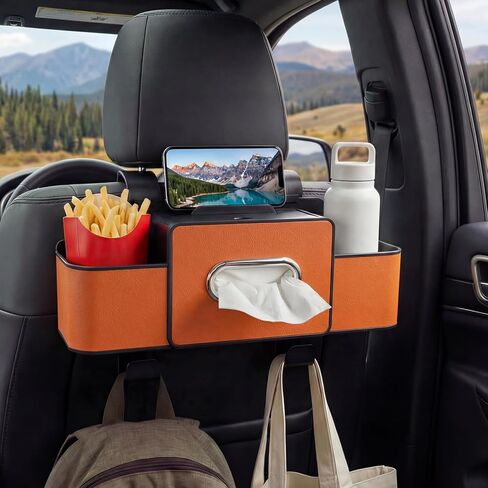 منظم المقعد الخلفي للسيارة، منظم تخزين المقعد الخلفي 4 في 1 متعدد الوظائف مع صندوق مناديل، حاملي أكواب، حامل هاتف وخطافات، منظمات ظهر مقعد السيارة (أسود) in Kuwait