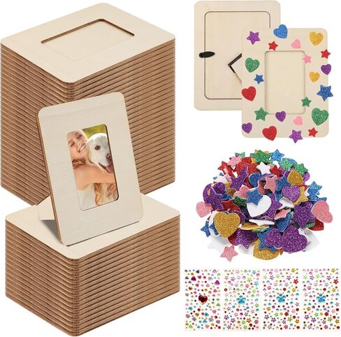 50 Pcs Wooden Picture Frames for Crafts, 2 x 3inch DIY Wood Photo Frame Bulk with Diamond and Foam Stickers for DIY Crafts, Small Unfinished Standing Photo Frame for Home Party Wedding Decor in Saudi Arabia